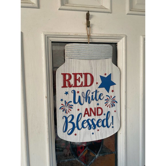 Red White and Blessed Mason Jar Country Farmhouse Patriotic Door Hanger Sign - Picture 1 of 3